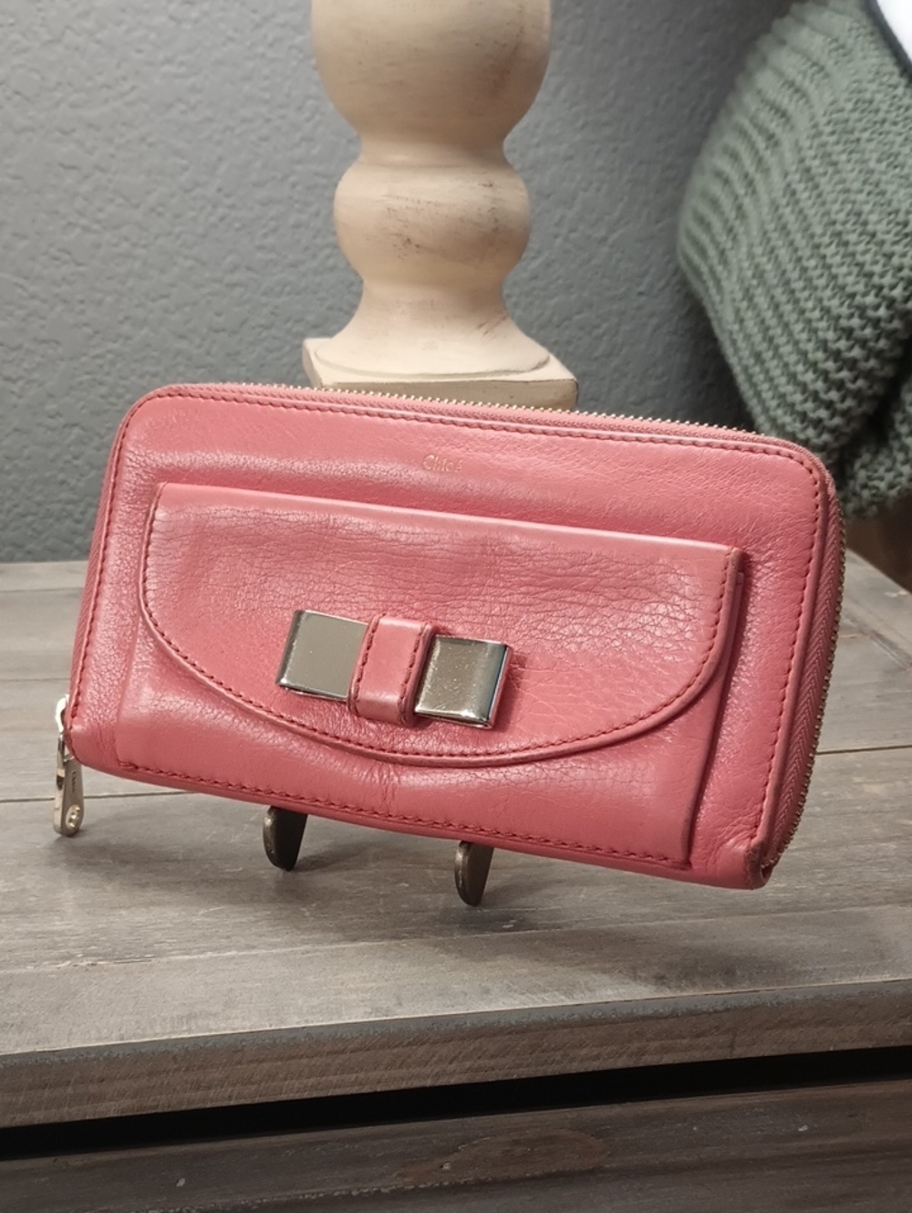 Chloe Coral Pink Leather Zip Clutch Wallet with Silver Bow